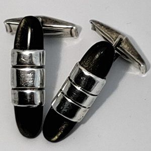 Vintage Mid Century Solid Sterling Silver Mexican Black Onyx Cufflinks